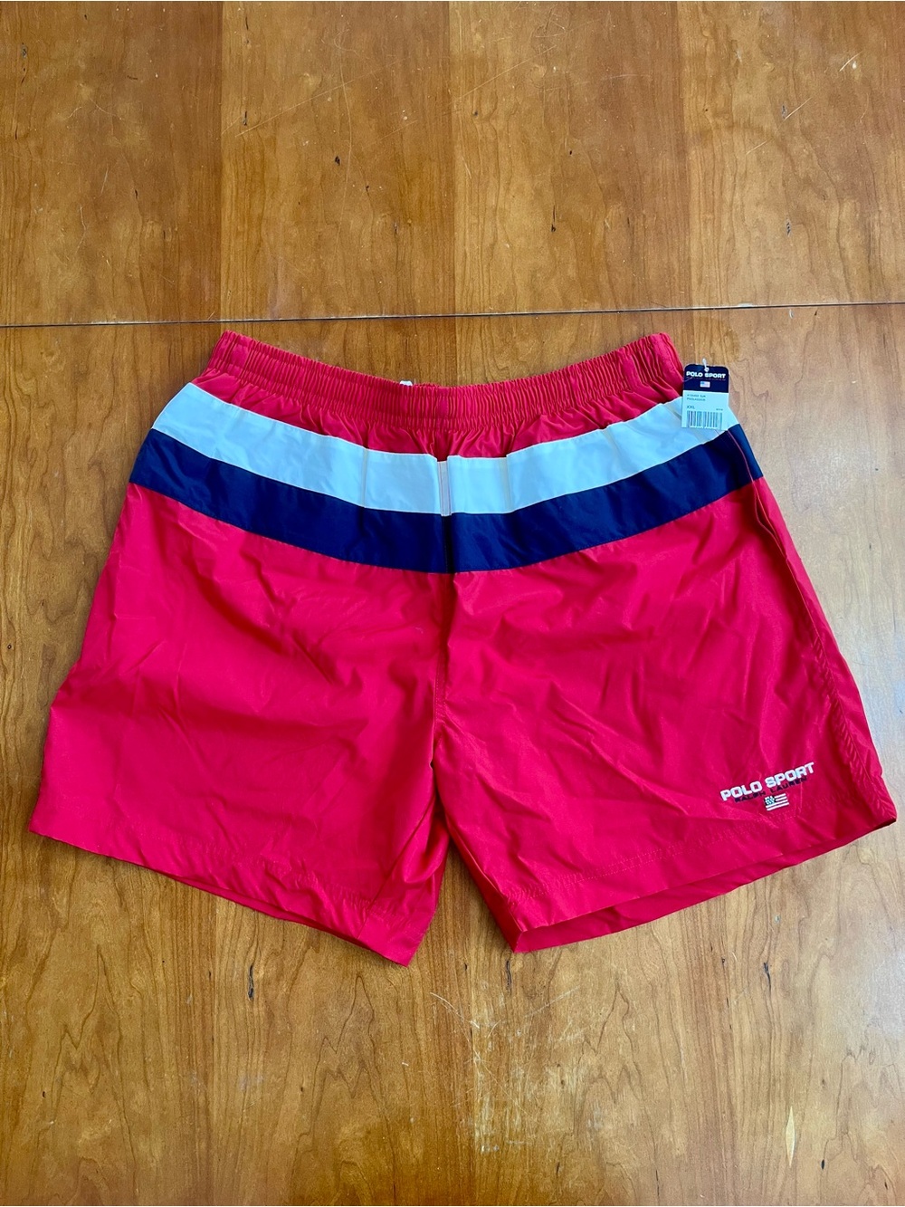 NWT Polo by Ralph Lauren Red Swim Trunks with Navy & White Stripes. Size XXL